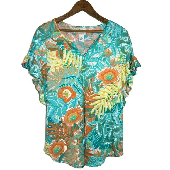 NWT RUBY RD Tropical Floral Short Sleeve Blouse Flutter Sleeve Split Neck Top - Picture 5 of 12